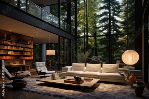 The inside of a contemporary house with furnishings positioned alongside a well lit window.