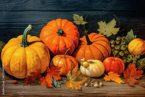 season autumn background wood rustic orange leaf pumpkin fall halloween wooden. Generative AI.