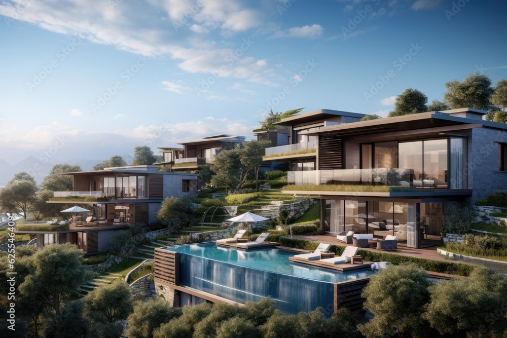 Luxurious residences for families with a scenic blue sky in the backdrop.
