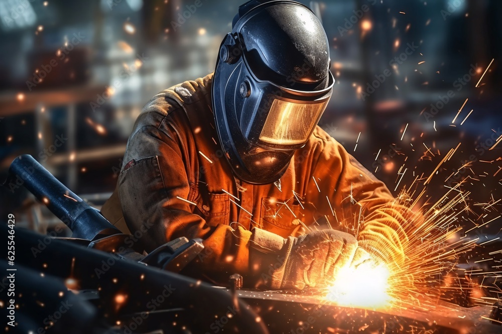 A welder in a protective helmet and equipment performs welding and grinding at his workplace. Generative AI technology. A welder in a protective helmet and equipment performs welding and grinding at his workplace. Generative AI technology.