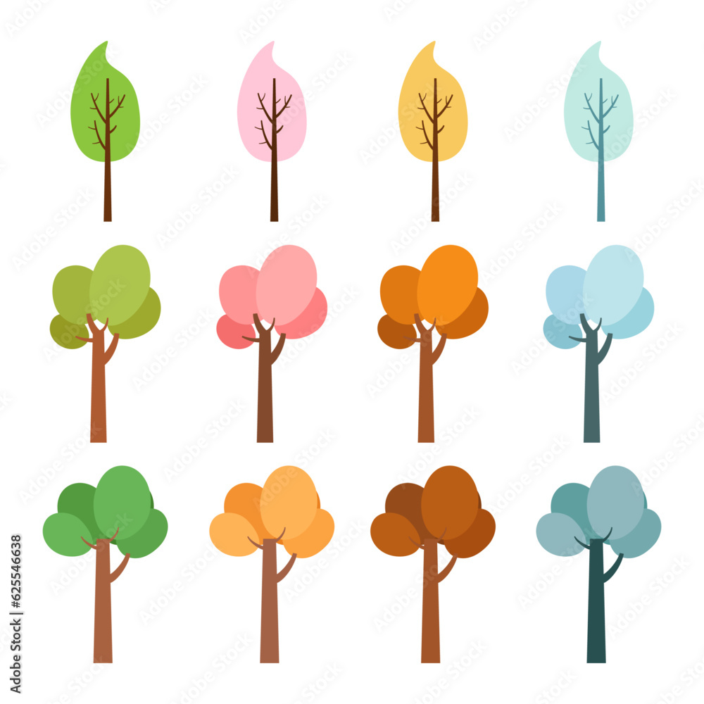 four season trees isolated, spring with flowers, green summer, yellow autumn, snow winter. vector illustration. nature and environment eco concept
