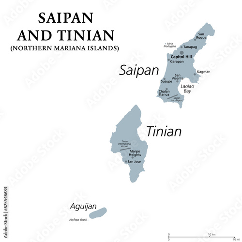 Saipan and Tinian, Northern Mariana Islands, gray political map. Islands of the Mariana Archipelago. Unincorporated territory and commonwealth of United States with administrative center Capitol Hill.