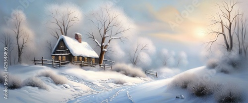 Banner winter landscape in the mountains snow-covered forest with a house