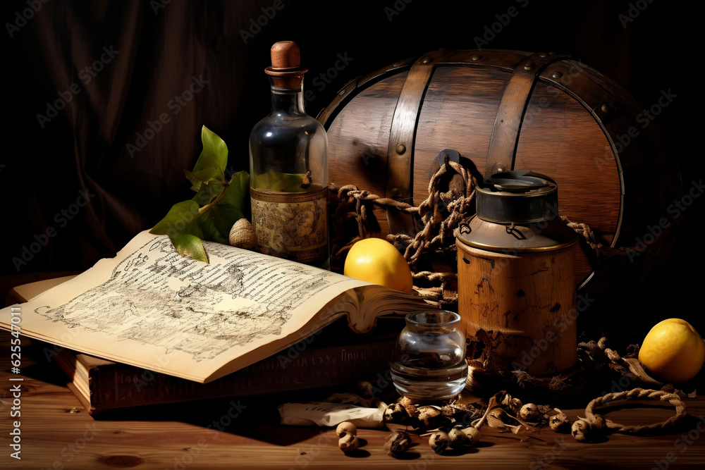An intriguing image showcasing a pirate's cutlass and a piece of old parchment resting on a wooden barrel. 
The elements evoke stories of high sea adventures and hidden treasures.