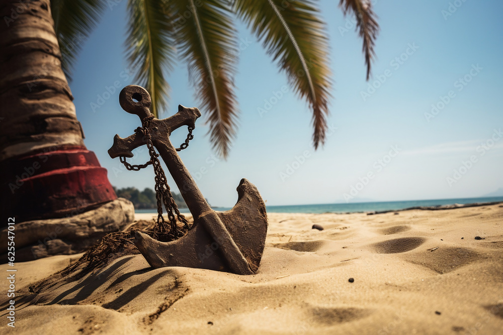 Naklejka premium A captivating image of an old pirate ship anchor resting in the sand under a palm tree. It brings to life tales of hidden treasures, tropical adventures, and a pirate's life on secluded islands.