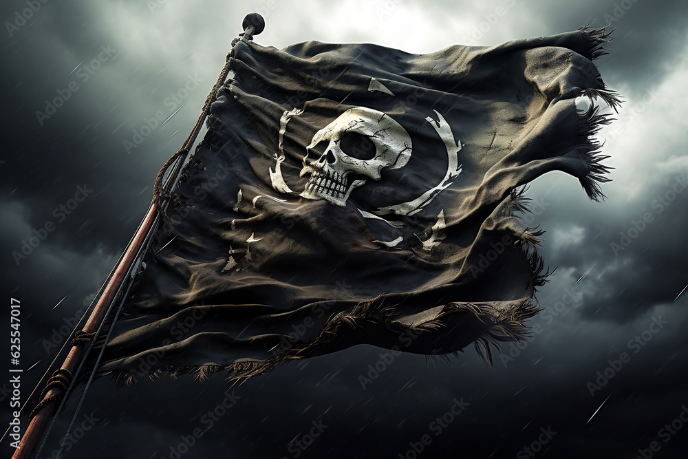 Naklejka premium A dramatic photo of a tattered pirate flag waving defiantly against a backdrop of a stormy sky. The image symbolizes danger, defiance, and the rebellious spirit of the pirate life.