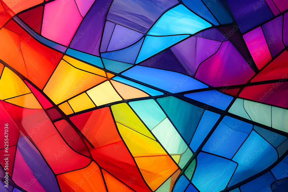 Fototapeta premium Abstract free-form image of multi-colored hues on black-lined stain glass.,Generative Ai