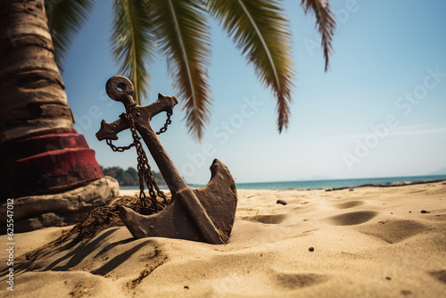 Fotografie, Tablou A captivating image of an old pirate ship anchor resting in the sand under a palm tree