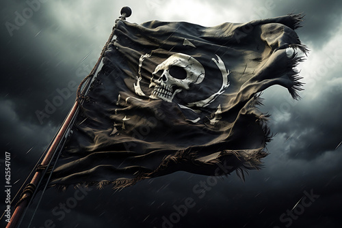 A dramatic photo of a tattered pirate flag waving defiantly against a backdrop of a stormy sky. 
The image symbolizes danger, defiance, and the rebellious spirit of the pirate life. photo