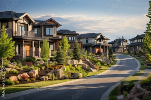 An ideal community in a suburban area during the summer in North America, where there are upscale houses surrounded by beautiful landscapes.