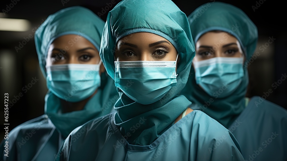 Three women doctors in medical masks Generative AI