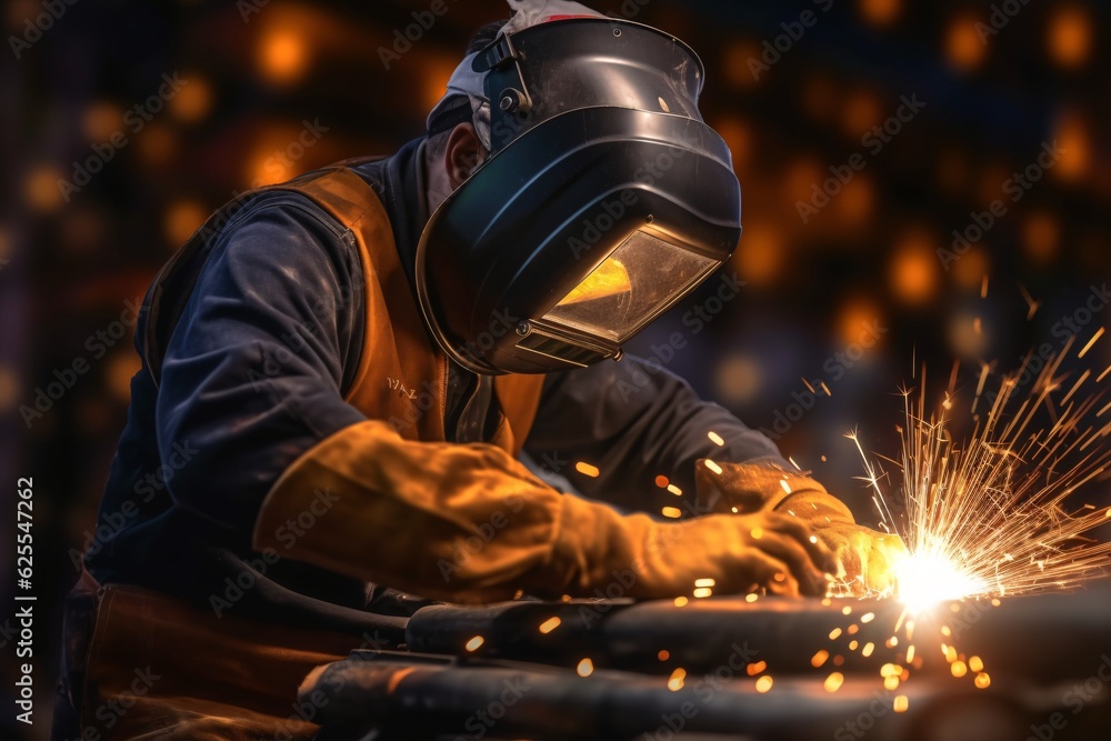 A welder in a protective helmet and equipment performs welding and grinding at his workplace. Generative AI technology. A welder in a protective helmet and equipment performs welding and grinding at his workplace. Generative AI technology.