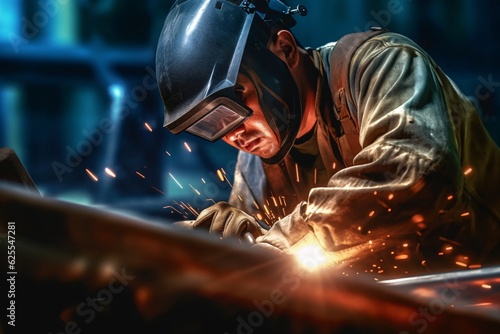 A welder in a protective helmet and equipment performs welding and grinding at his workplace. Generative AI technology.