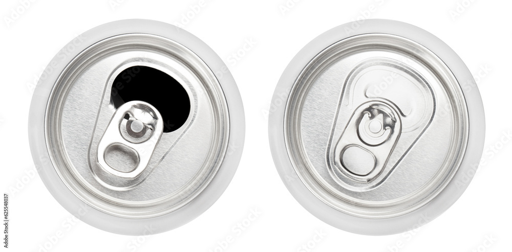 Top view of opened and closed white aluminium cans, cut out Top view of opened and closed white aluminium cans, cut out