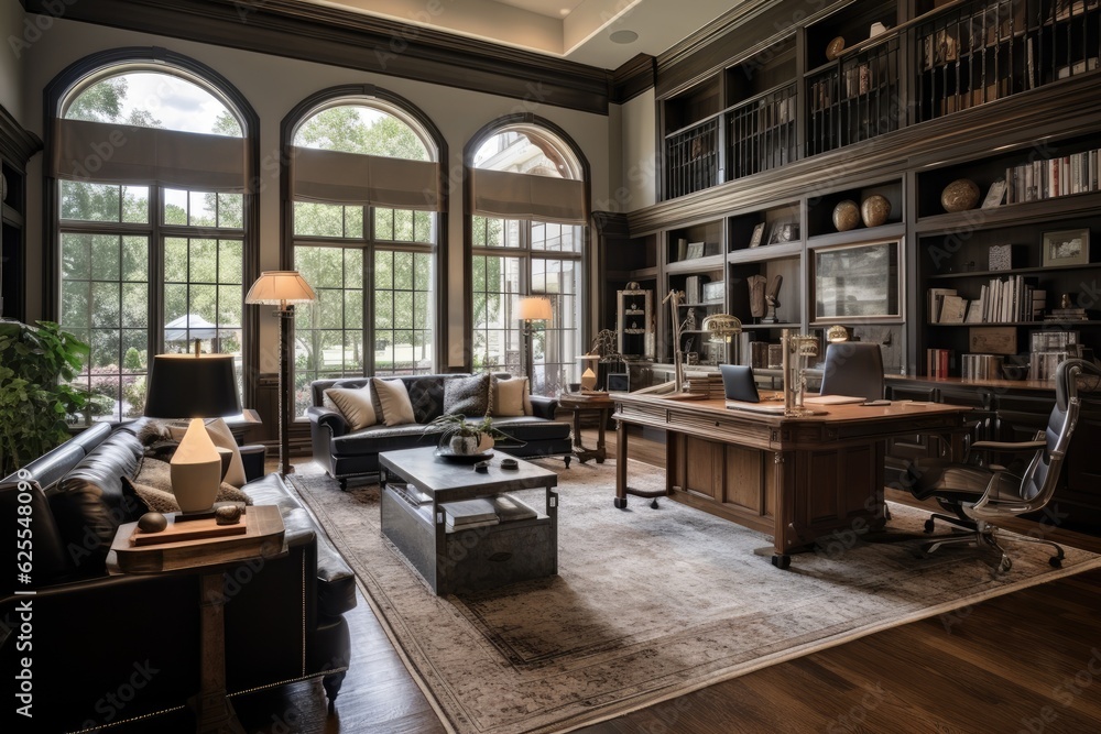 The elegant luxury home features high ceilings and classic furnishings in its interior rooms, including a home office, kitchen, and study area.