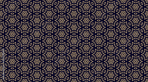 Vector ornamental seamless pattern. Golden abstract floral geometric texture with stars, diamonds, grid, lattice. Stylish gold and black ornament background, repeat tiles. Oriental style geo design