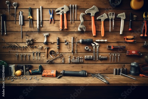 Various types of work tools placed on a wooden surface.