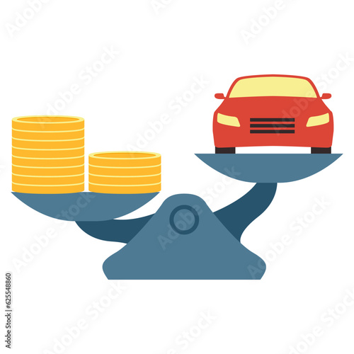 Investment in car.Scales with car and gold coins.Financial scales with car.Automobile and money on scales.Car valuation.The cost of the vehicle and the stack of coins.Sedan price.