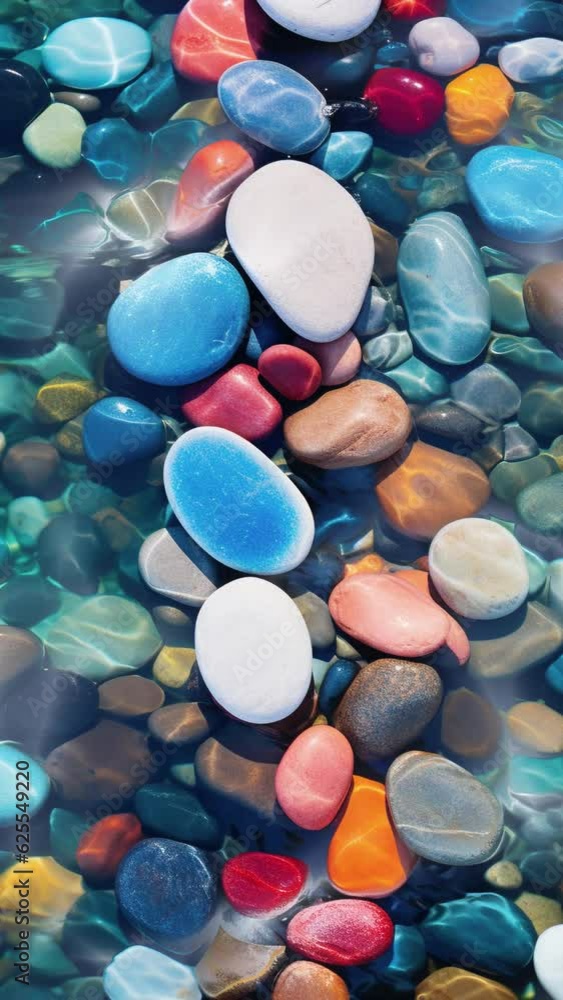 Vertical video colorful pebble bottom in shallow water in sunshine on sunny day Vertical video colorful pebble bottom in shallow water in sunshine on sunny day