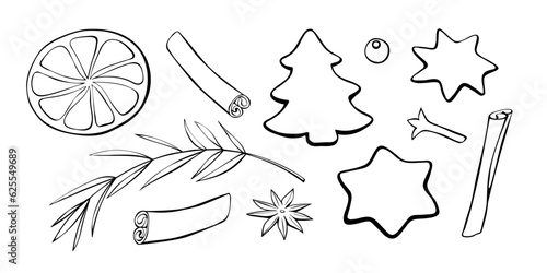Set of vector Christmas winter outline elements in doodle style. For templates menu, recipes, greeting cards