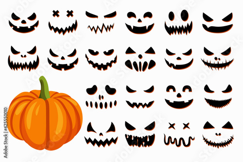 Halloween collection of pumpkin faces. Generator with empty pumpkins and scary faces. Vector cartoon set. 