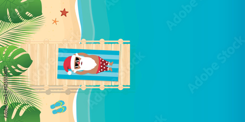 cute santa claus lying on the beach under a palm tree vector illustration EPS10