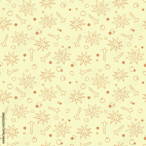 Vector seamless pattern of star anise, carnation, pepper in doodle style. Background or texture of seasonings, food additive, spices