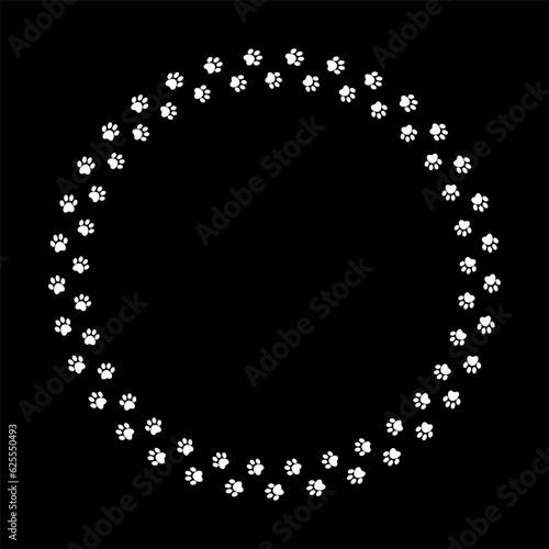 White paw circle frame template with dog animal footprints, vector illustration