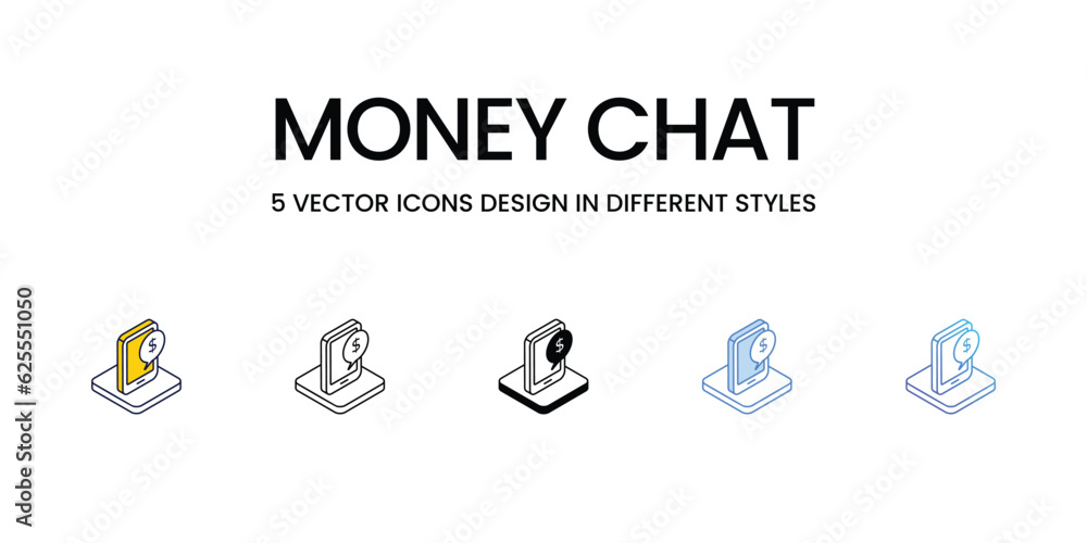 Money Chat Icon Design in Five style with Editable Stroke. Line, Solid, Flat Line, Duo Tone Color, and Color Gradient Line. Suitable for Web Page, Mobile App, UI, UX and GUI design.