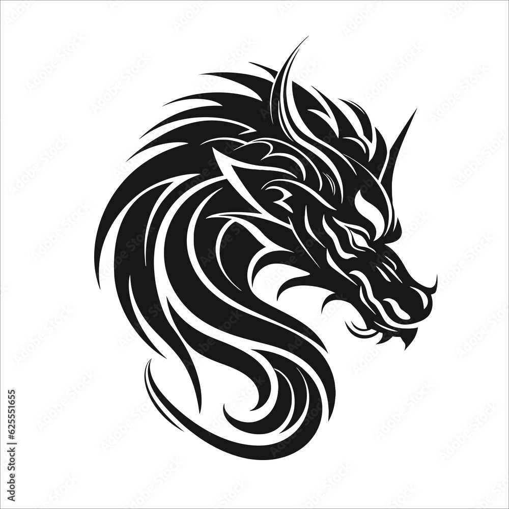Dragon head tattoo design in vector illustration, isolated on a white background. Perfect for use as a design element or tattoo template