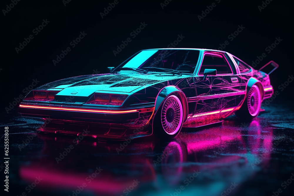 3D rendering of a car with neon lights on a dark background generative ai