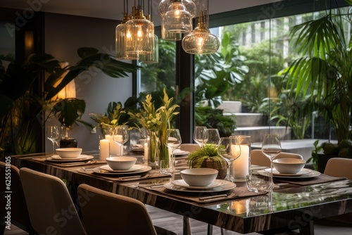 A contemporary arrangement of a dining table in a room  accompanied by chairs and illuminated by white candles placed next to lush green plants in close proximity to the kitchen area.