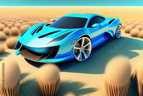 Draw a sky blue sports car running on the vast grassland in 3D Generative AI
