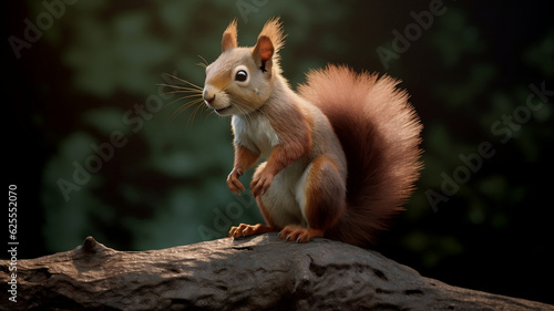 A squirrel siting on a tree stump in the forest . A small rodent in nature.  © Helen-HD