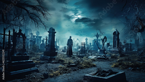 halloween background with old cemetery gravestones spooky Generative AI