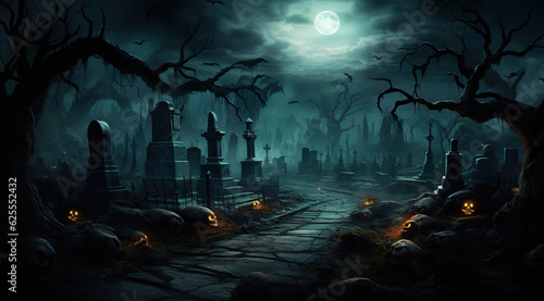 halloween background with old cemetery gravestones spooky Generative AI © Paula