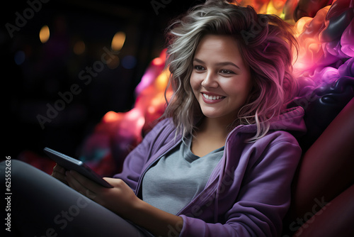 girl smiling typing on her ...