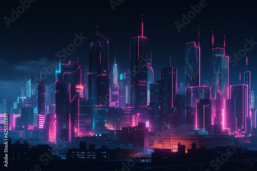 Futuristic city at night with neon lights. 3D rendering blue and purple