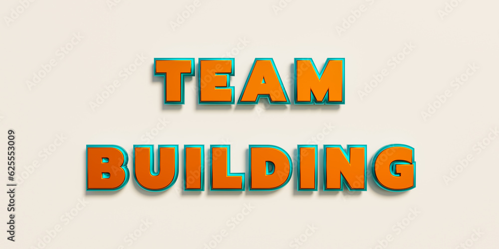 Team building. Words in capital letters, orange metallic shiny style. Teamwork, together, strategy,  leadership, association, organized group, collaboration, occupation, team spirit. 3D illustration