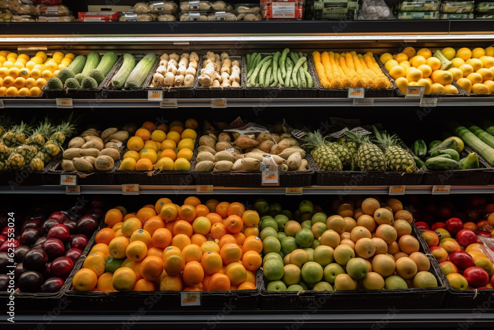 Fruits and vegetables in the supermarket. Concept of healthy eating. generative ai