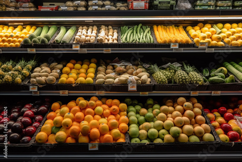 Fruits and vegetables in the supermarket. Concept of healthy eating. generative ai