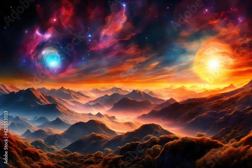 A mind altering hallucinogenic sunrise seen in a multidimensional dreamlike realm,   and visually stimulating    transcendent rising quasars and nebulas in the sky. generated by AI tools ©  ALLAH LOVE