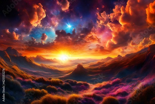 A mind altering hallucinogenic sunrise seen in a multidimensional dreamlike realm,## and visually stimulating ## transcendent rising quasars and nebulas in the sky. generated by AI tools