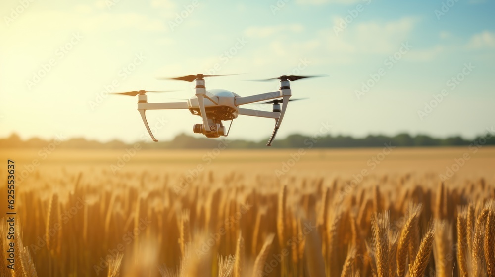 Air drone flying above the farm field. Modern agriculture technology concept Air drone flying above the farm field. Modern agriculture technology concept