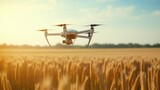Air drone flying above the farm field. Modern agriculture technology concept