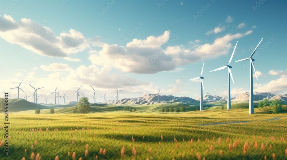 Landscape with wind turbines. Concept of energy-saving power plant, renewable and clean energy, sustainable resources, Earth Day.