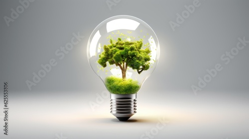Light bulb filled with green leaves and plants. Concept of renewable and clean energy, sustainable resources, Earth Day.