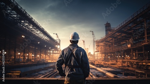 backside of Engineer Technician Watching Team of Workers on High Steel Platform, © banthita166