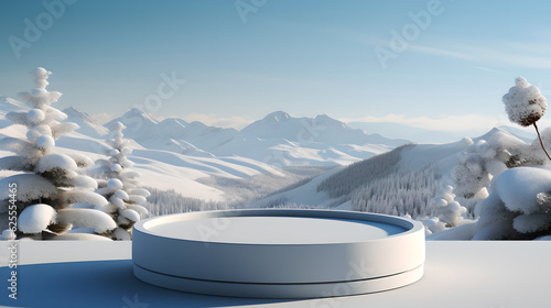 Empty white podium for display product background for Christmas concept. Display podium on snowy mountain background for product display, advertising, cosmetic skincare © AspctStyle