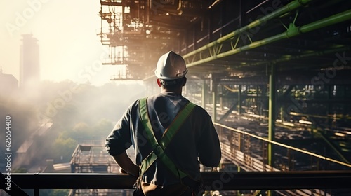 backside of Engineer Technician Watching Team of Workers on High Steel Platform, 